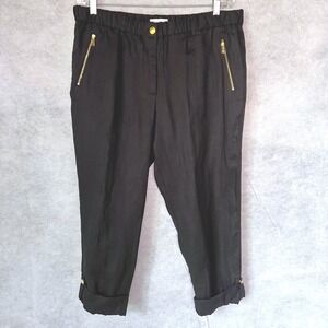 Calvin Klein Cropped Linen Pants Black Gold Accents Button Cuff Hem Drawstring